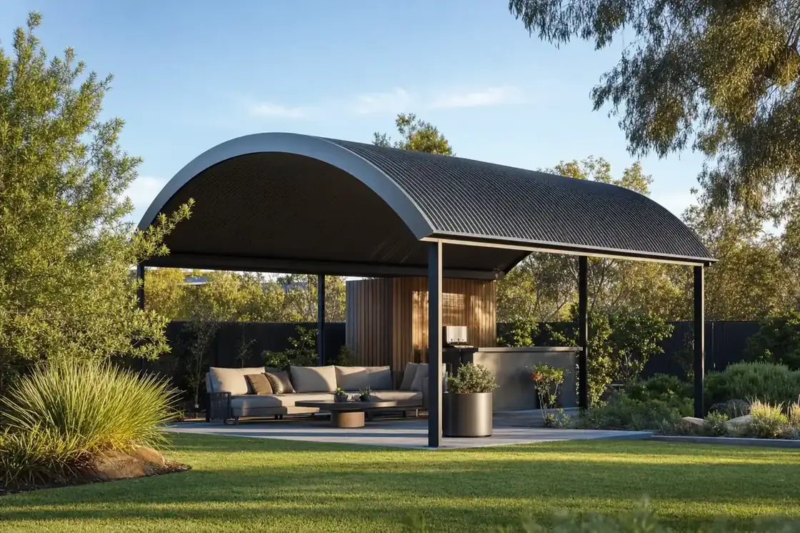 Freestanding dome roof patio in a landscaped Perth backyard