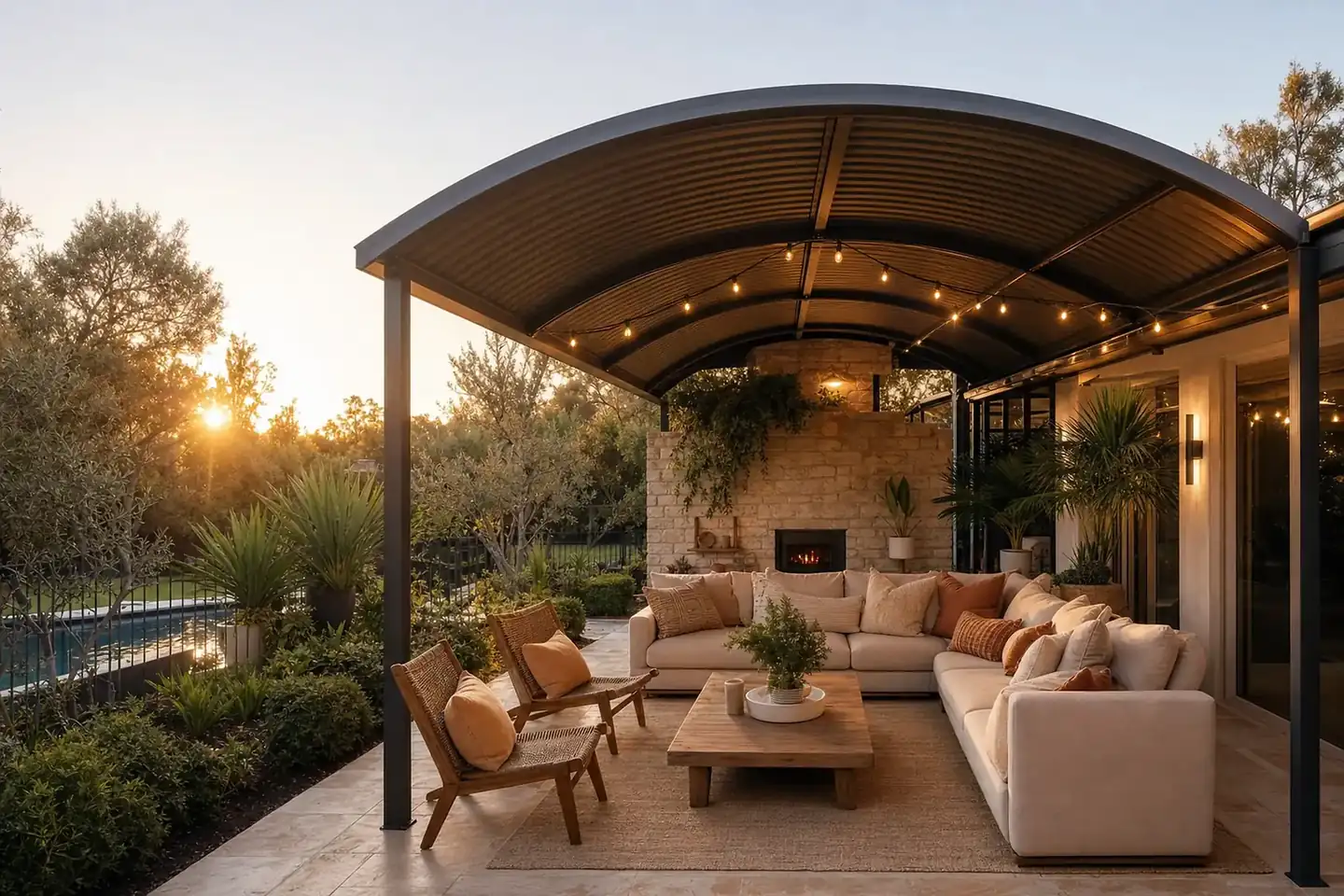 Curved dome roof patio over a Perth alfresco area at golden hour