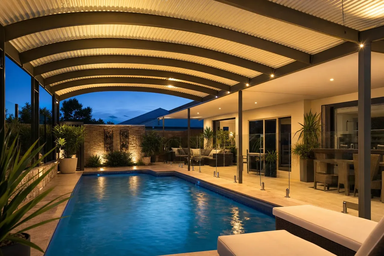 Dome patio sheltering a pool area at dusk