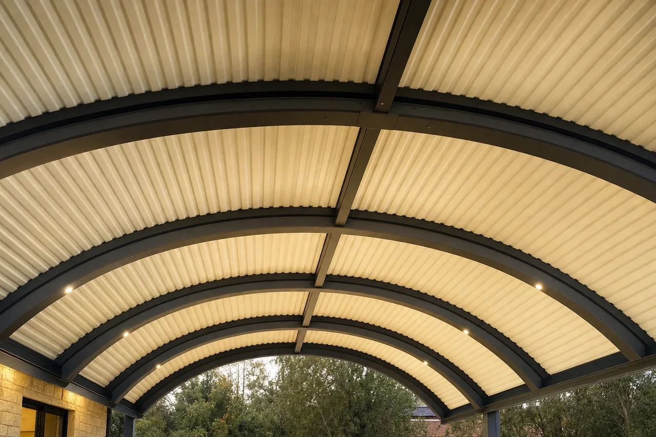 Underside of a curved dome patio roof showing the steel curve and beams